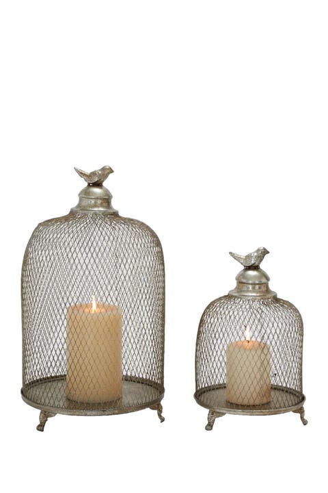 Silvertone Metal Cage Style Cloche Bird Candle Lantern with Elevated Stand - Set of 2