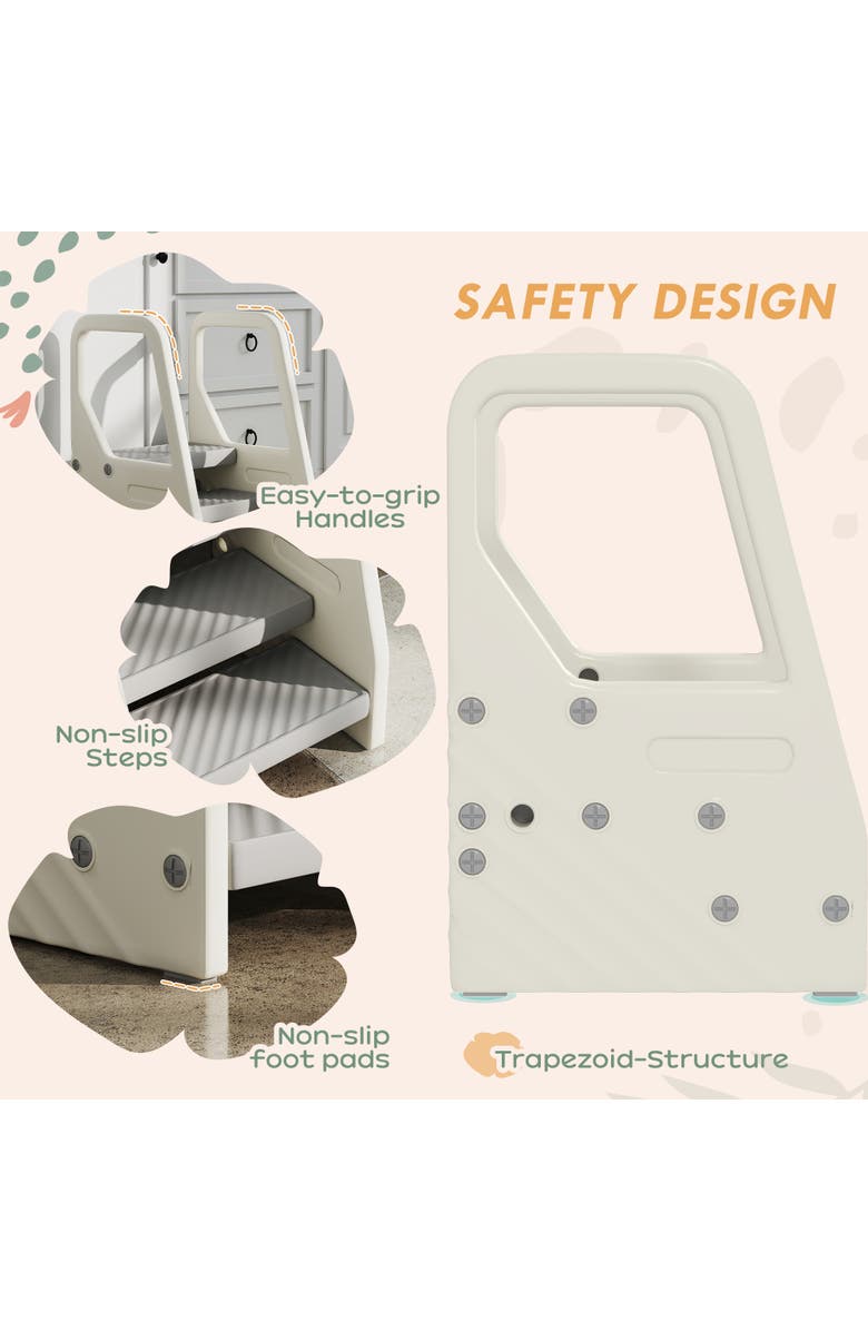 Qaba 3-Step Kids Kitchen Stool Helper, Handles, Non-slip Surface, Foot Pads, Alternate, color, Gray