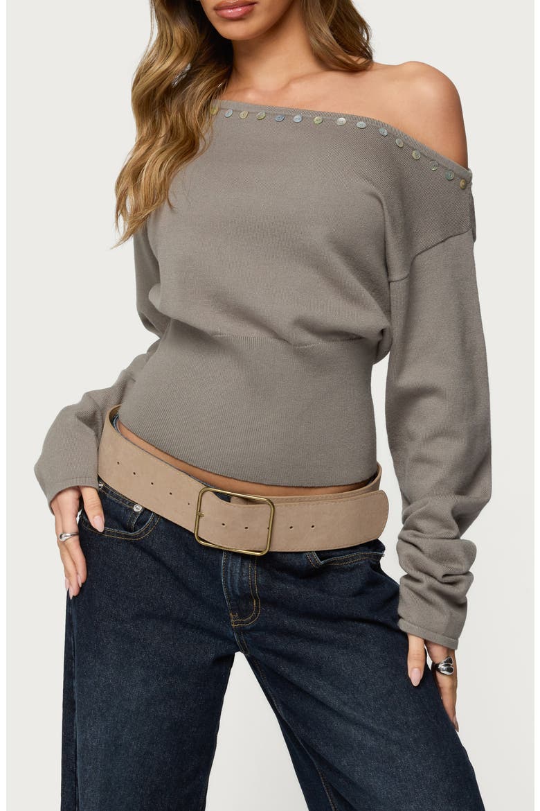 Carmela Iridescent Button Off the Shoulder Sweater, Main, color, OLIVE