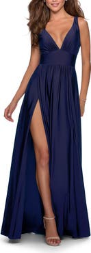 La Femme Empire Waist Gown with Deep V Neckline