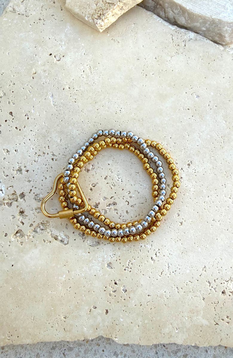 Adornia Set of 3 Two-Tone Heart Carabiner Beaded Stretch Bracelets, Alternate, color, Gold/ Silver