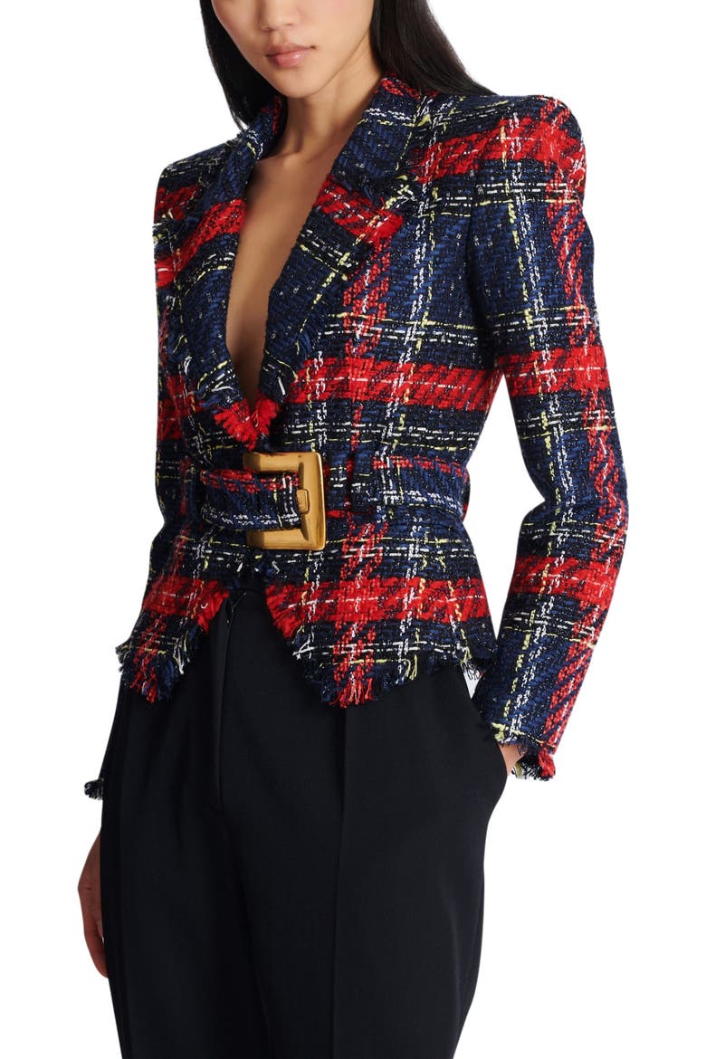 Belted plaid tweed jacket, Alternate, color, red