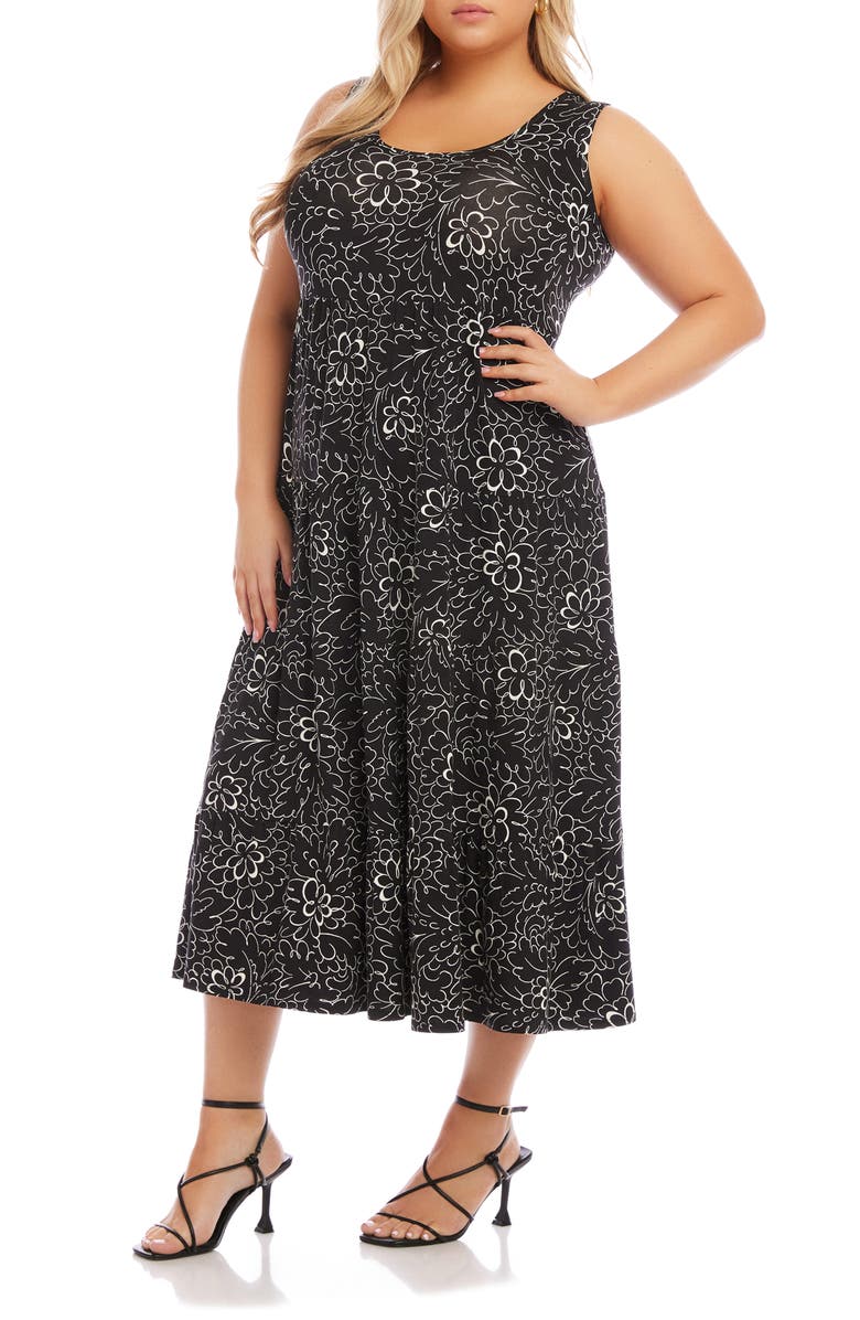 Karen Kane Floral Print Tiered Sleeveless Midi Dress, Alternate, color, Black Print