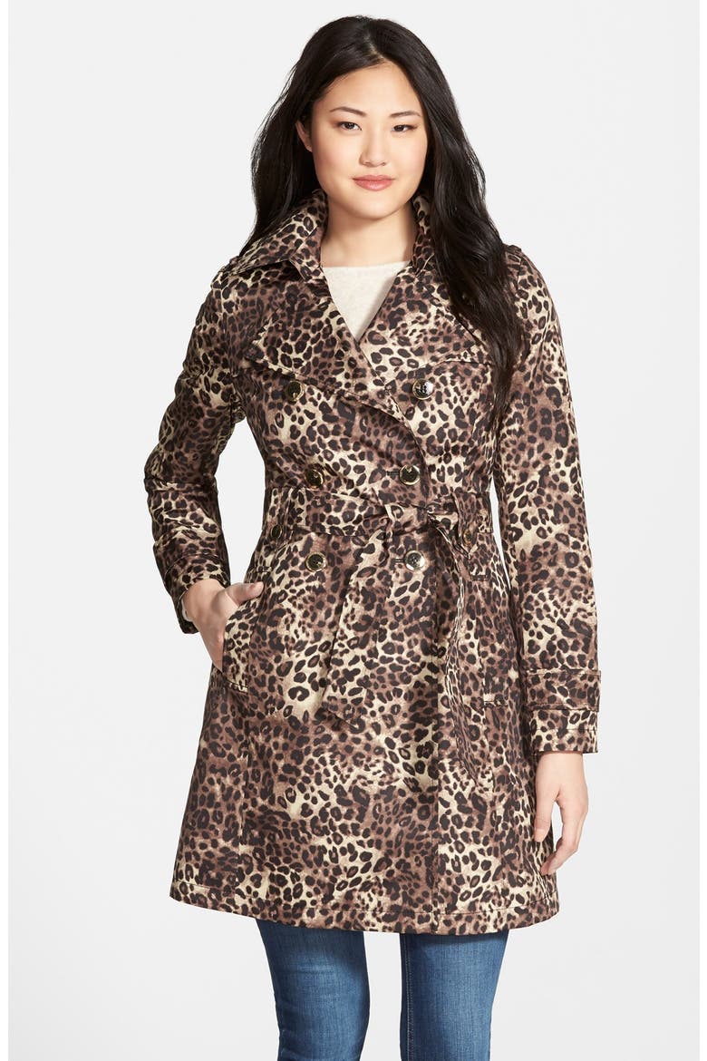 Animal Print Double Breasted Trench Coat, Main, color, LEOPARD