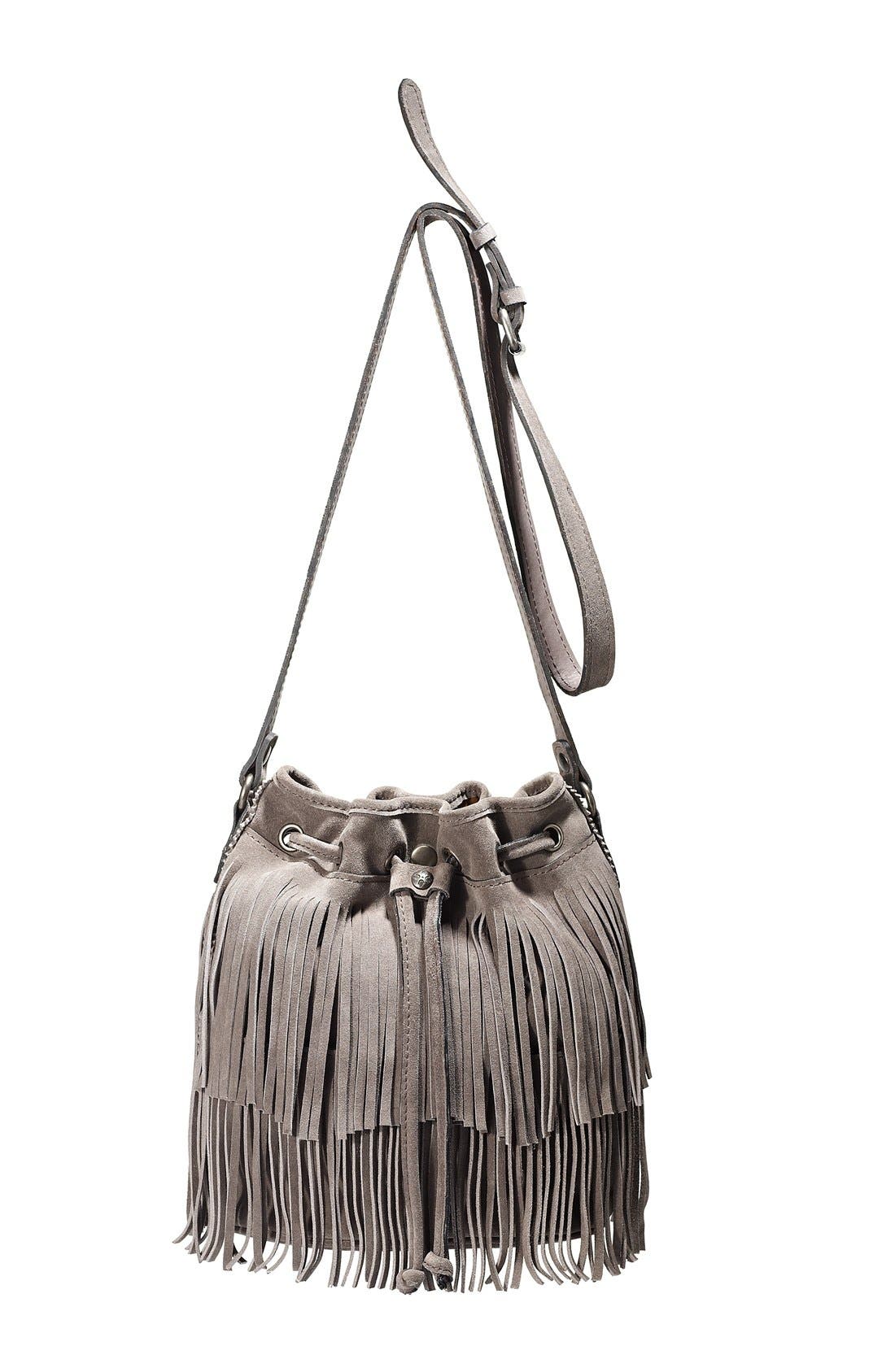 'Bronte' Fringe Bucket Bag, Alternate, color, GREY