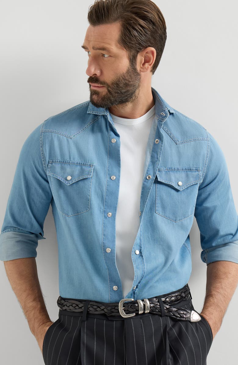 Brunello Cucinelli Shirt with snaps, Alternate, color, Light Blue Denim