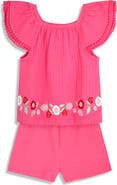 JOJO MAMAN BEBE Embroidered Frill Sleeve T-Shirt & Shorts Set