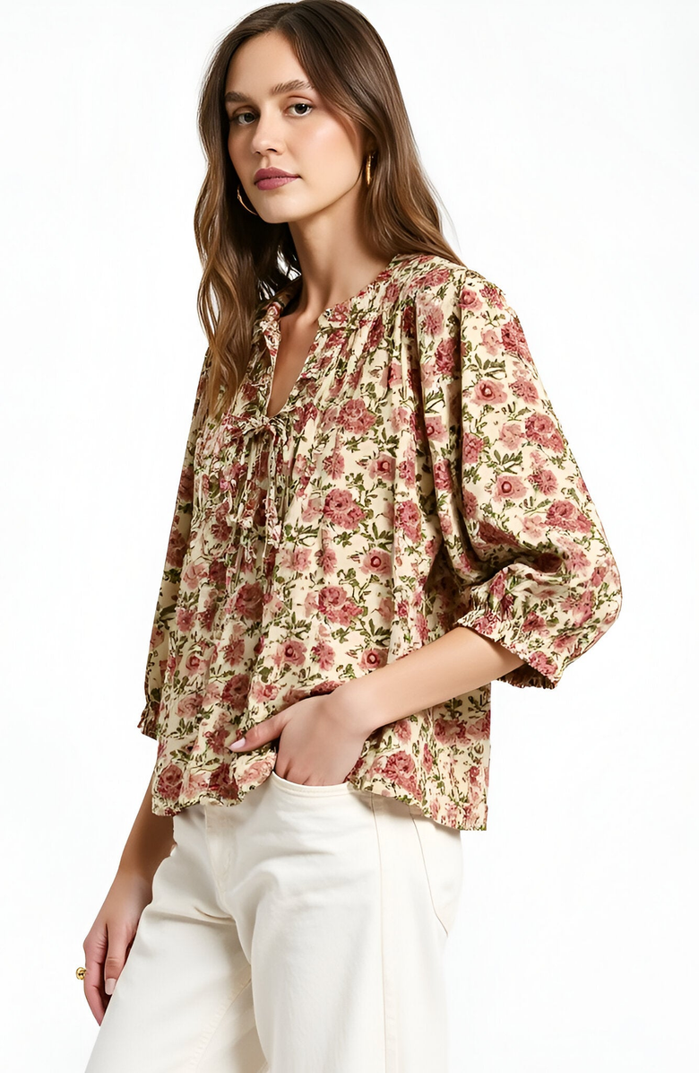 Modenaire Floral Print Ruffle Trim Tie Front 3/4 Sleeve Blouse, Alternate, color, 