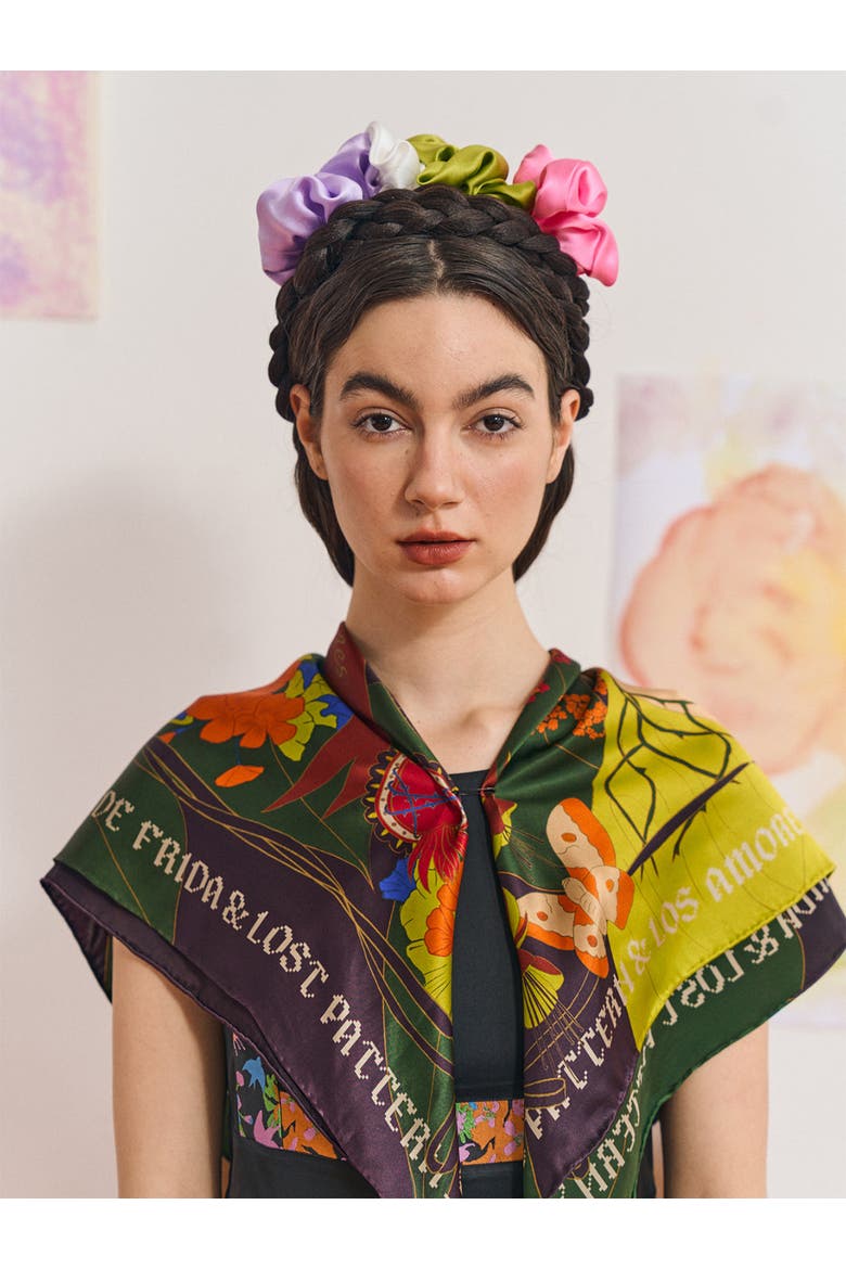 FRIDA x LOST PATTERN "Los Amores de Frida" Large Silk Scarf, Alternate, color, Dark Green