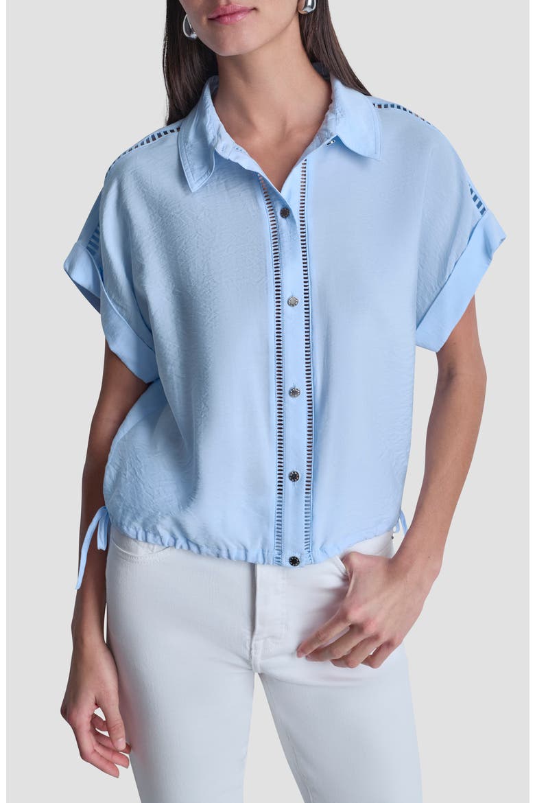 Ladder Lace Detail Short Sleeve Button-Up Shirt, Main, color, LIGHT BLUE