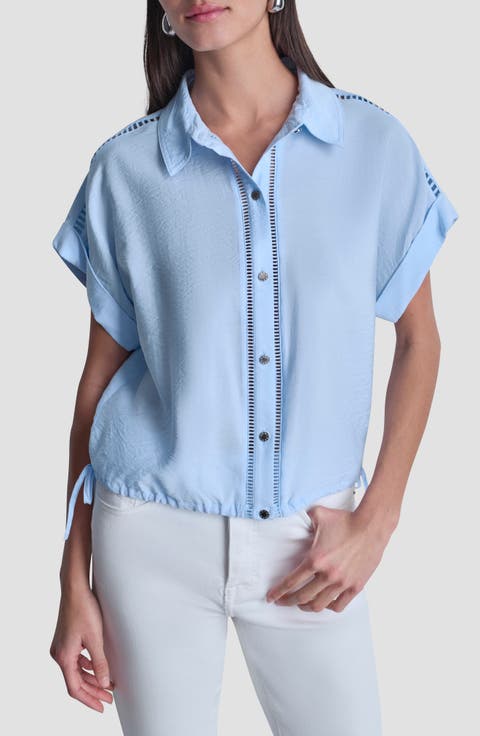 Ladder Lace Detail Short Sleeve Button-Up Shirt