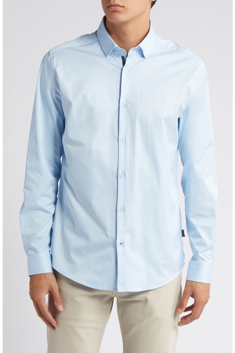 Solid Blue DryTouch® Performance Sateen Button-Up Shirt, Main, color, LIGHT BLUE