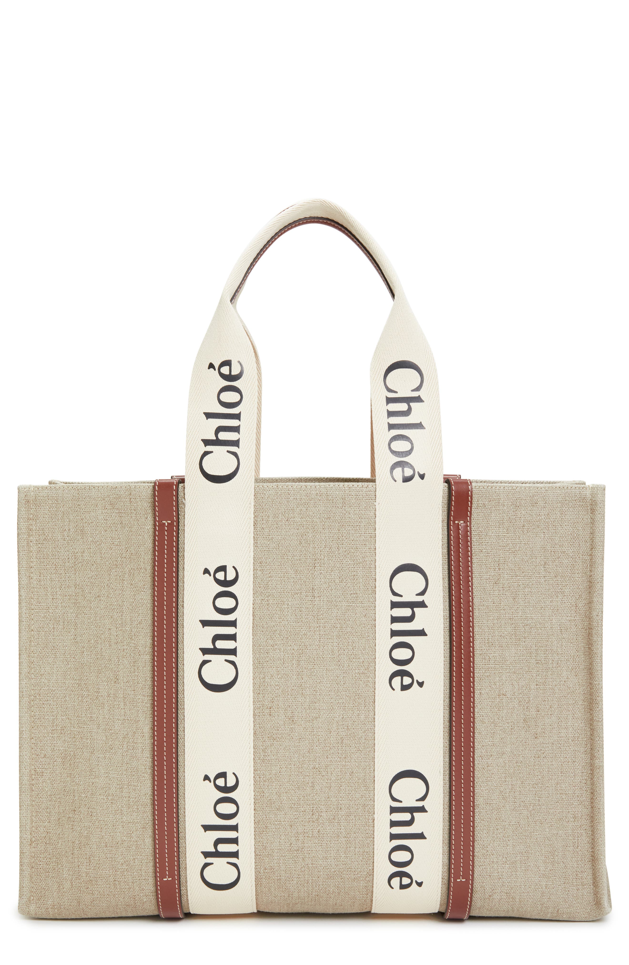 Chloé Large Woody Linen Tote, Main, color, White - Brown 1