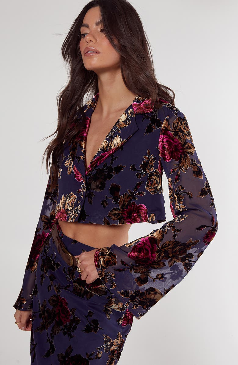 NASTY GAL Floral Devore Crop Shirt, Alternate, color, Blue