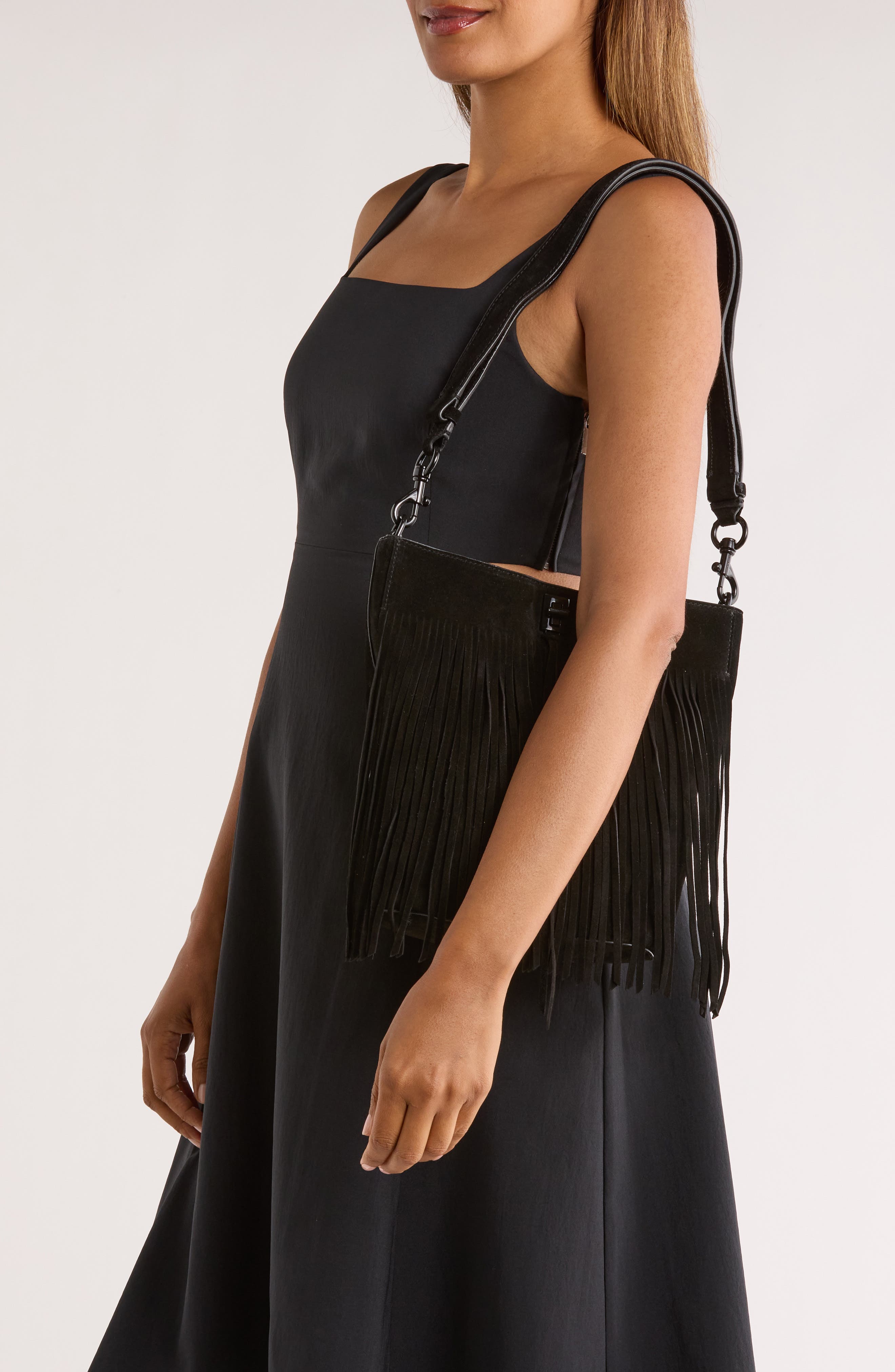 Rebecca Minkoff Darren Fringe Bucket Bag, Alternate, color, Black