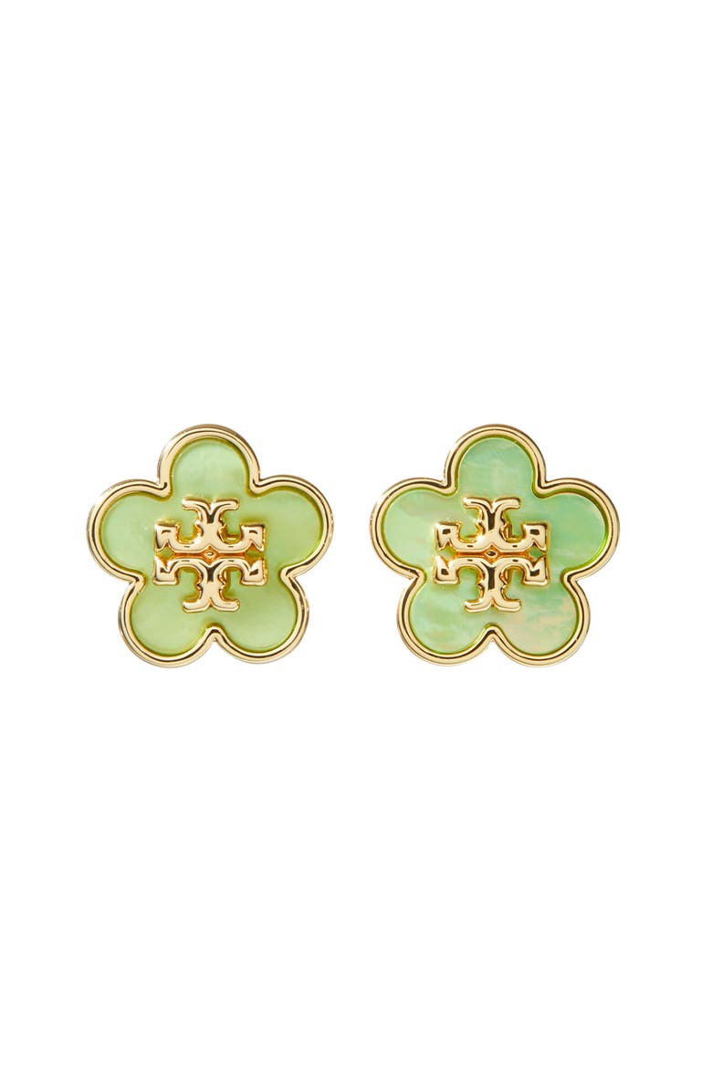 Tory Burch Forget Me Not Enamel Stud Earrings, Main, color, Tory Gold / Green
