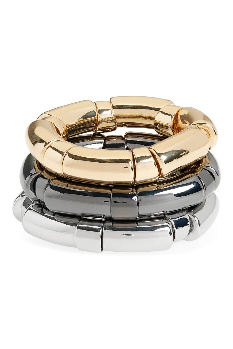 Set of 3 Tube Stretch Bracelets, Main, color, GOLD/ SILVER/ GUNMETAL