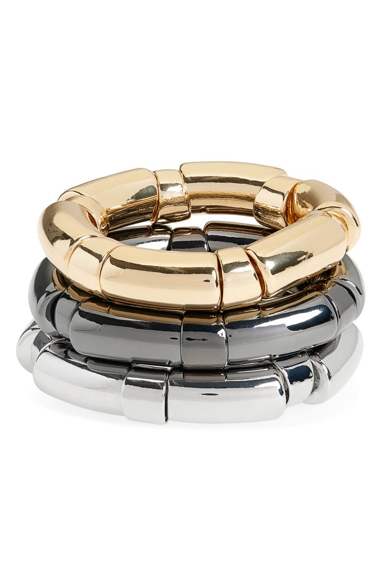 Tasha Set of 3 Tube Stretch Bracelets, Main, color, Gold/ Silver/ Gunmetal