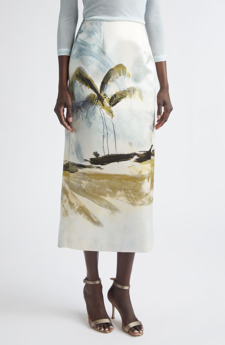 Oscar de la Renta Dominican Landscape Satin Pencil Skirt, Main, color, Blue Green Multi