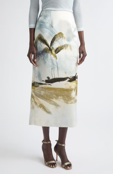 Dominican Landscape Satin Pencil Skirt