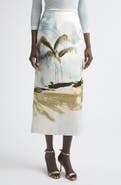 Oscar de la Renta Dominican Landscape Satin Pencil Skirt