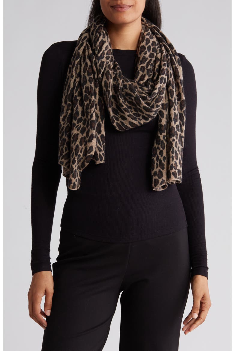 Leopard Print Wool Blend Scarf, Main, color, BROWN