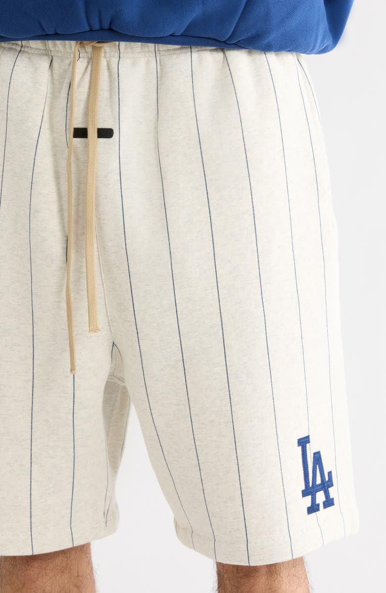 Fear of God Essentials x MLB Dodgers '90s Drawstring Cotton Blend Sweat Shorts, Alternate, color, Oatmeal Heather/ Pinstripes