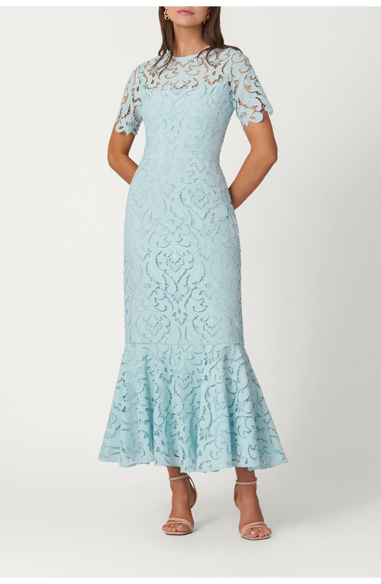 Shoshanna Midnight Mosaic Crepe de Chine Lace Hillary Dress, Main, color, Sea Mist