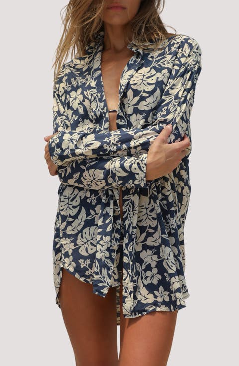 Print Long Sleeve Cover-Up Shirtdress
