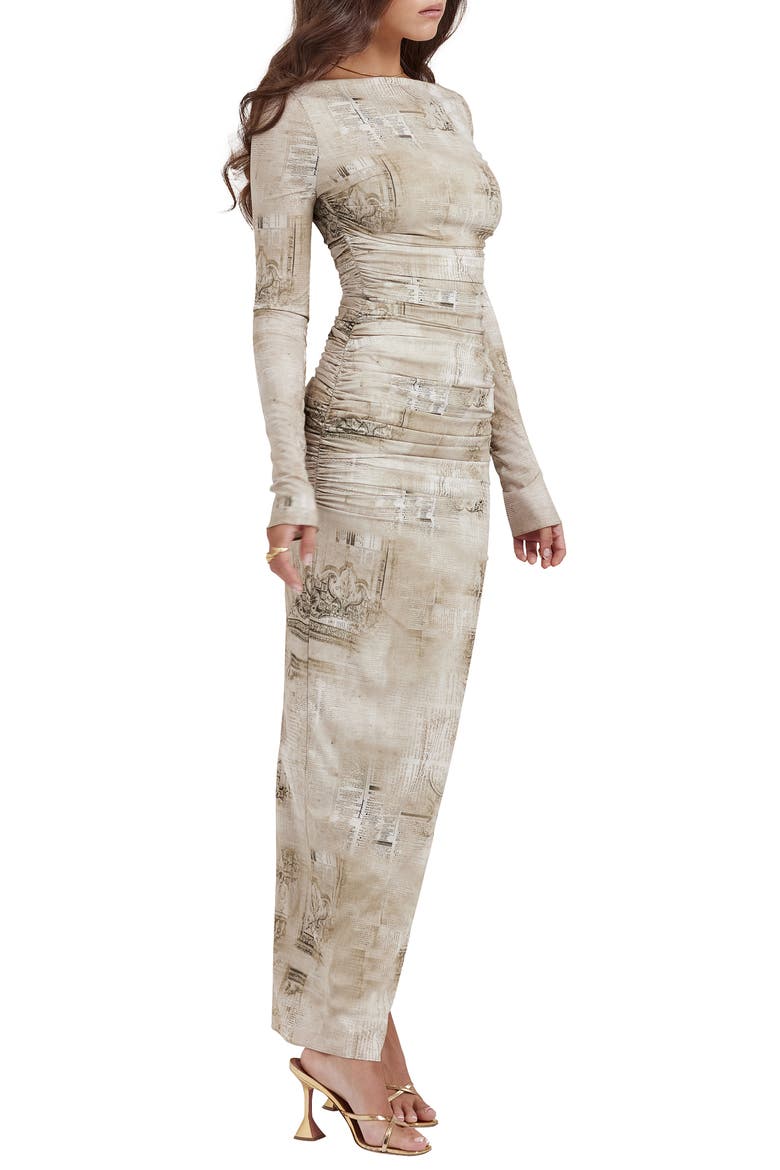 Lanetta Ruched Bateau Neck Long Sleeve Georgette Dress, Alternate, color, SAND PRINT