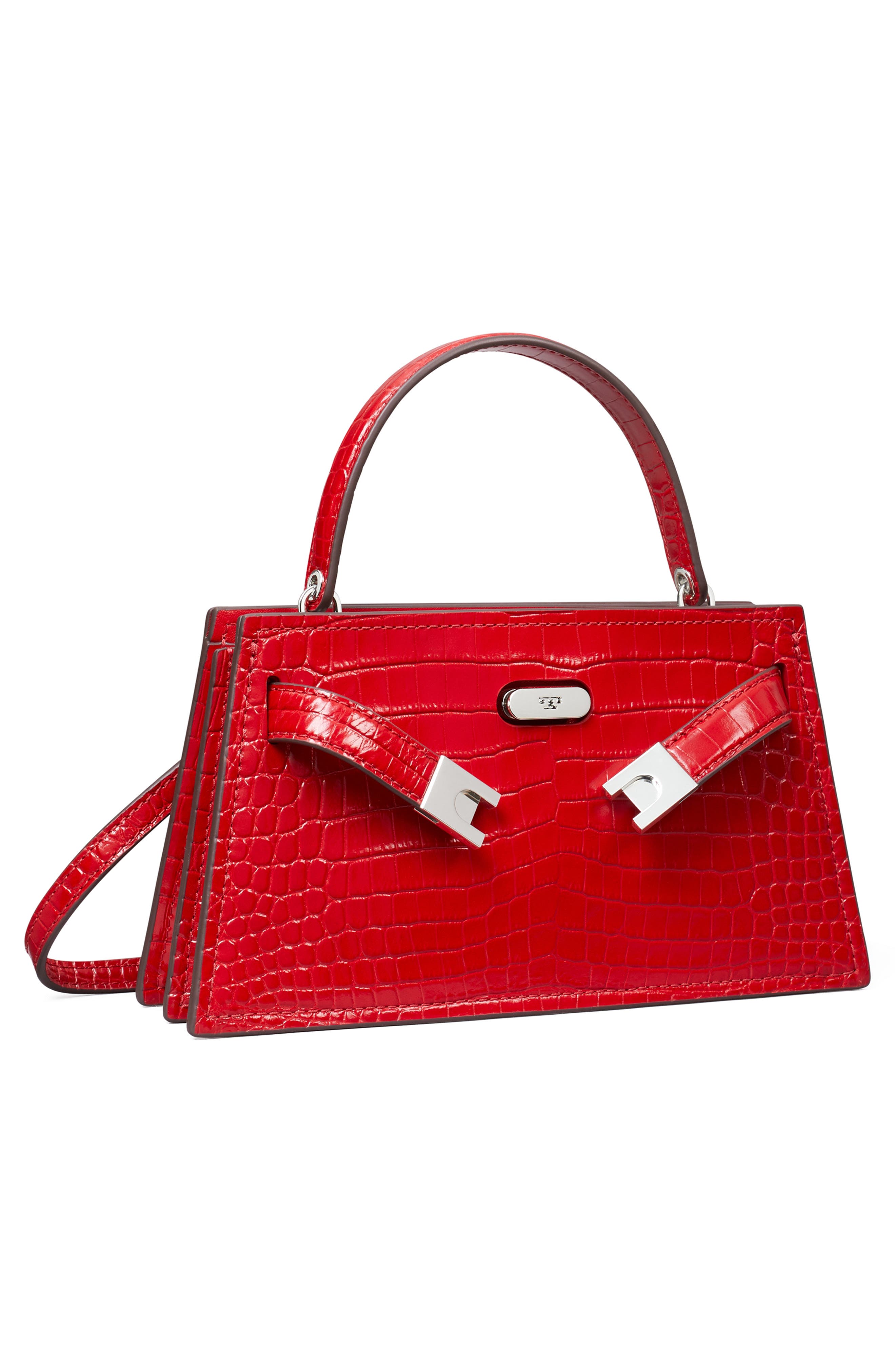 Tory Burch Mini Lee Radziwill Croc Embossed Leather Satchel, Alternate, color, Red Sky