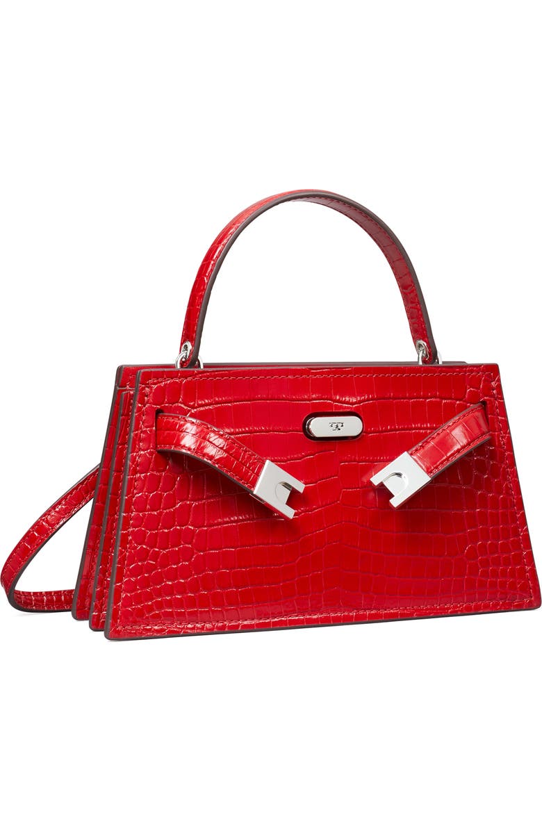 Tory Burch Mini Lee Radziwill Croc Embossed Leather Satchel, Alternate, color, Red Sky