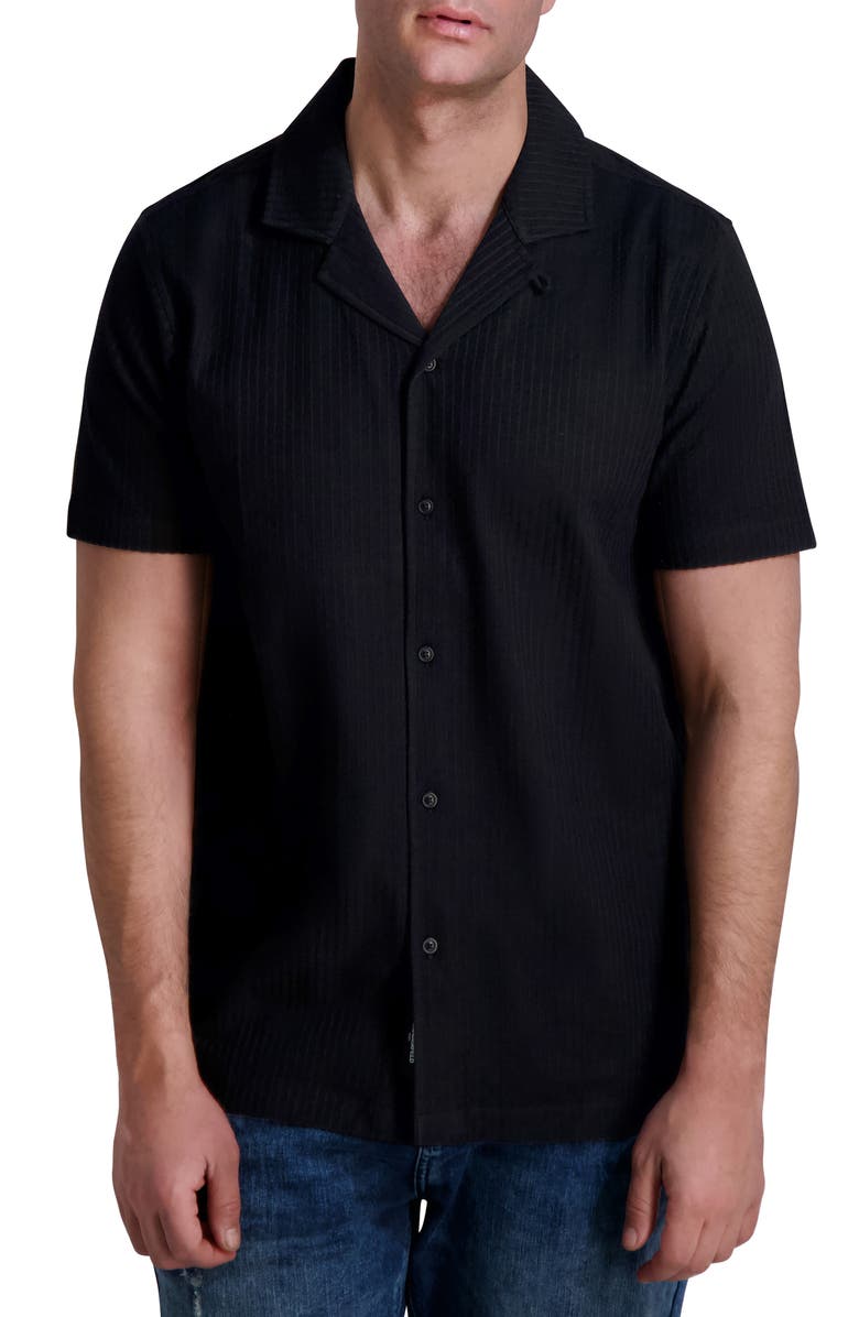 KARL LAGERFELD PARIS Stripe Cotton Knit Camp Shirt, Main, color, Black