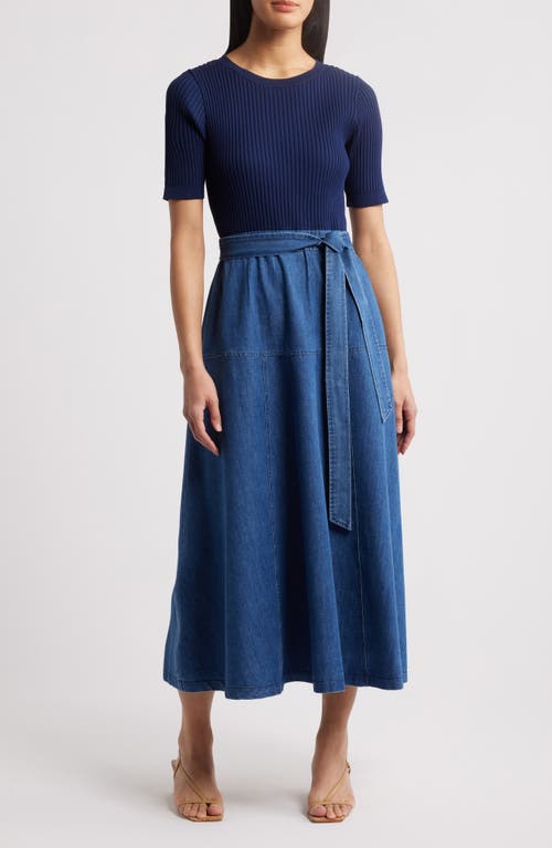ZOE AND CLAIRE Mixed Media Denim Dress in Navy 