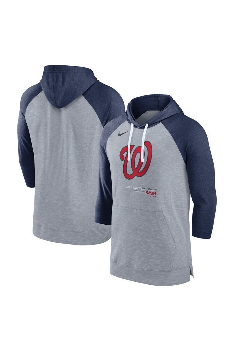 Men's Nike Heather Gray/Heather Navy Washington Nationals Baseball Raglan 3/4-Sleeve Pullover Hoodie, Main, color, Heather Gray