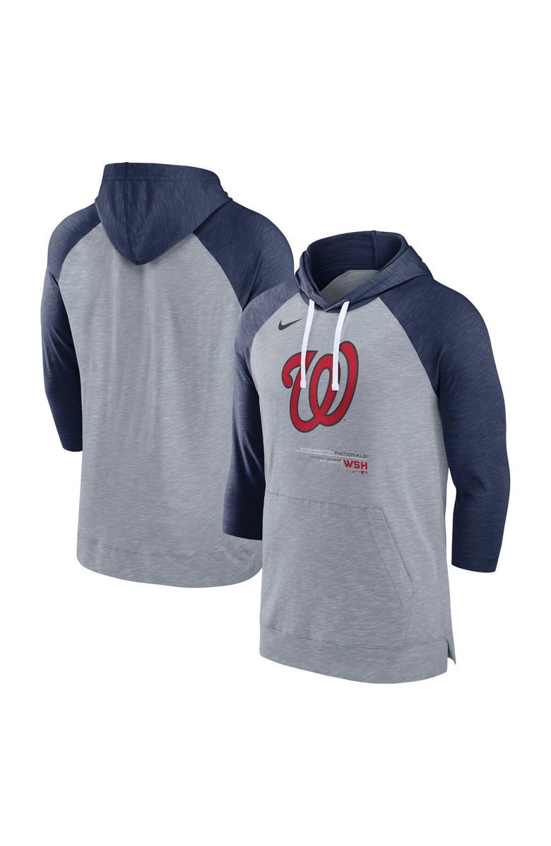 Nike Men's Nike Heather Gray/Heather Navy Washington Nationals Baseball Raglan 3/4-Sleeve Pullover Hoodie, Main, color, Heather Gray