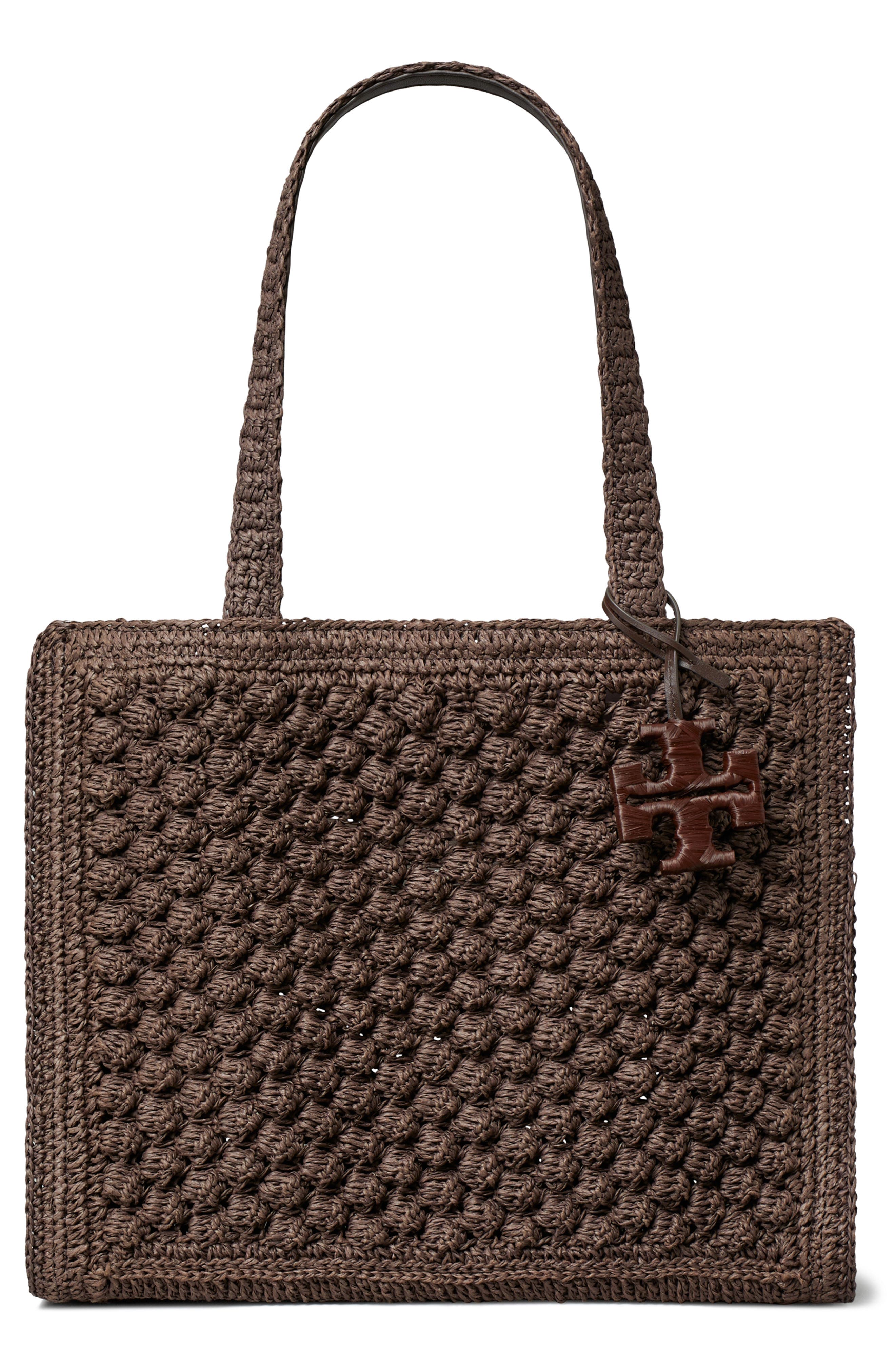 Tory Burch Ella Hand Crochet Straw Bag, Main, color, Dark Cocoa