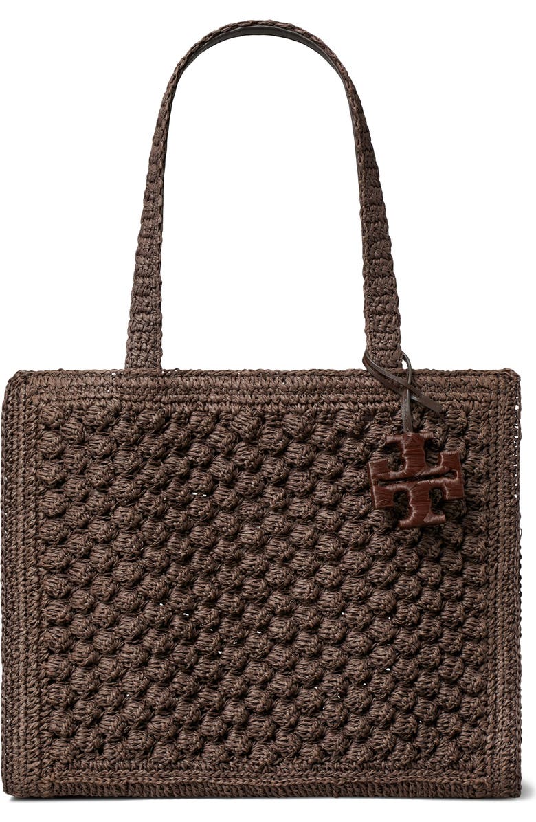 Tory Burch Ella Hand Crochet Straw Bag, Main, color, Dark Cocoa
