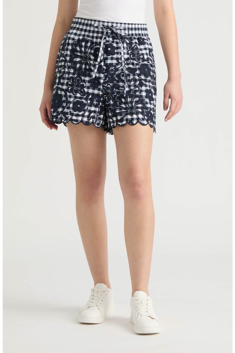 Floral Gingham Cotton Poplin Drawstring Shorts, Main, color, NAVY GINGHAM
