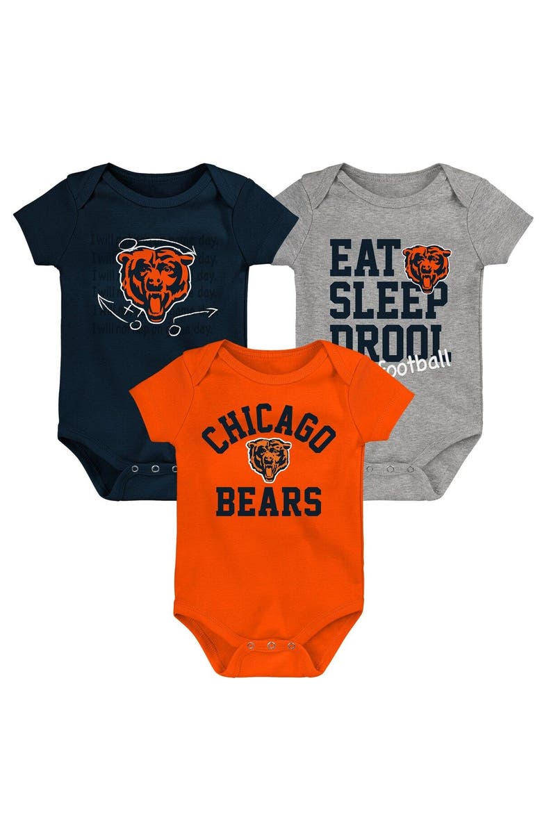 Outerstuff Newborn & Infant Orange/Navy/Heather Gray Chicago Bears Three-Pack Eat, Sleep & Drool Retro Bodysuit Set, Main, color, Orange