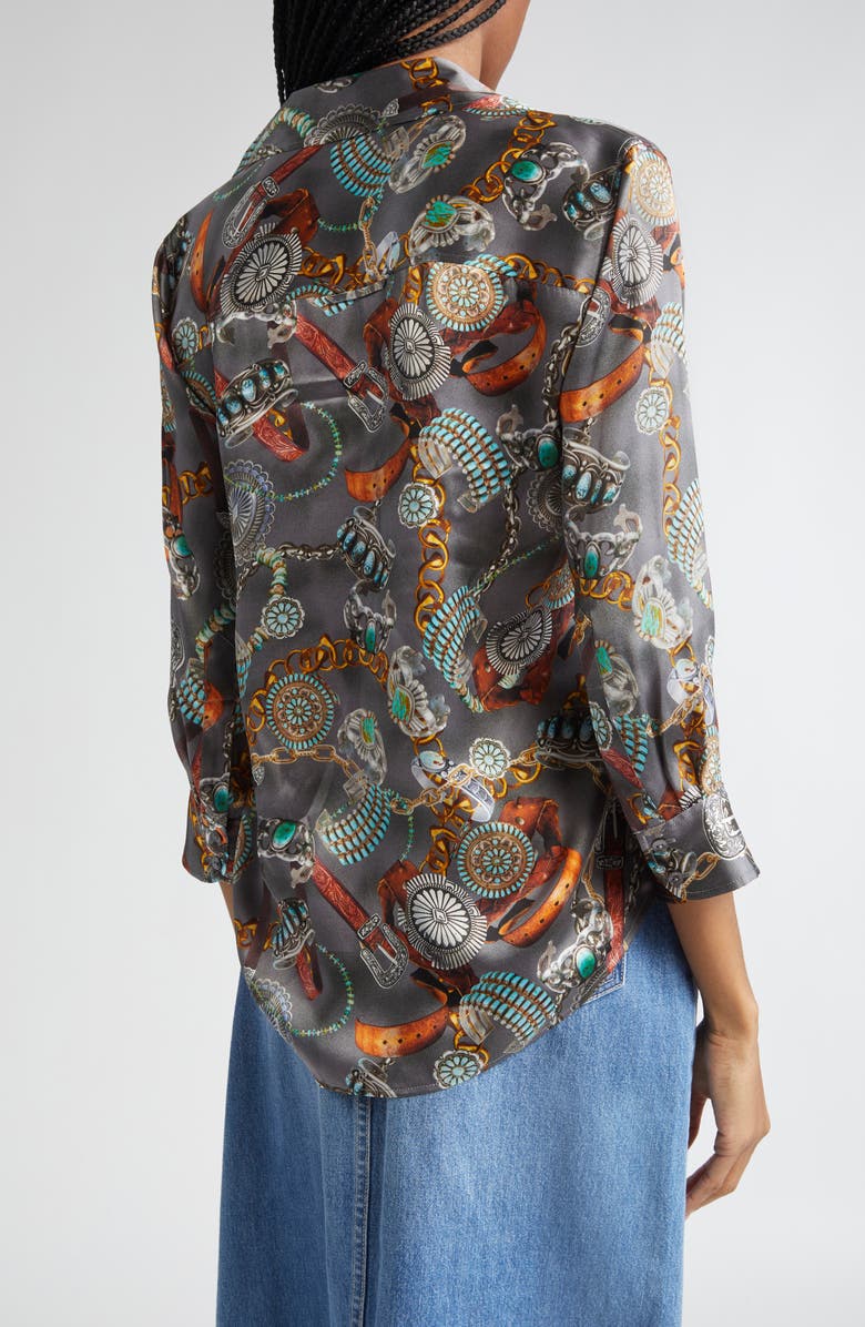 L'AGENCE Dani Three-Quarter Sleeve Silk Button-Up Shirt, Alternate, color, Multi Western Belt Print