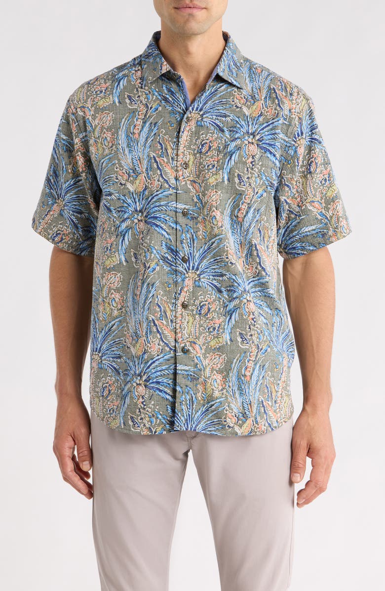 Tommy Bahama Nova Wave Fiera Fronds Short Sleeve Cotton Blend Seersucker Button-Up Shirt, Main, color, Palm Moss