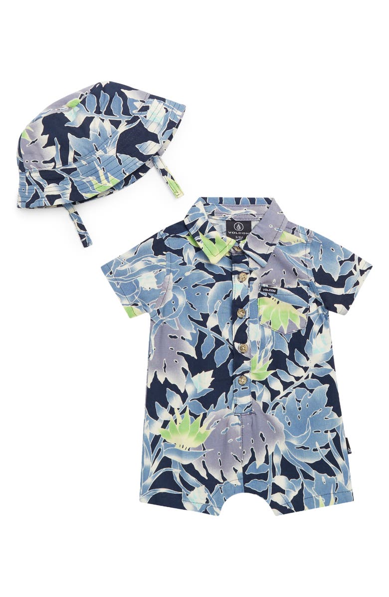 Volcom Linen Blend Romper & Bucket Hat Set, Main, color,