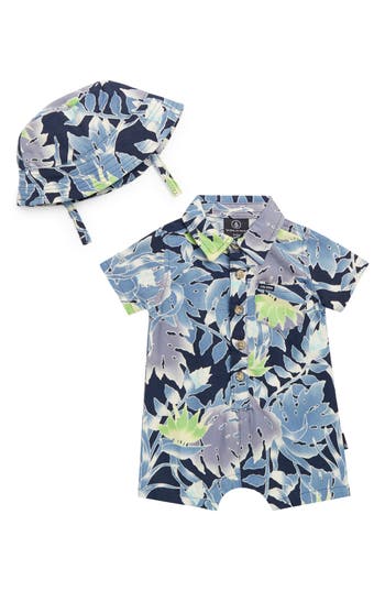 Volcom Linen Blend Romper & Bucket Hat Set In Navy
