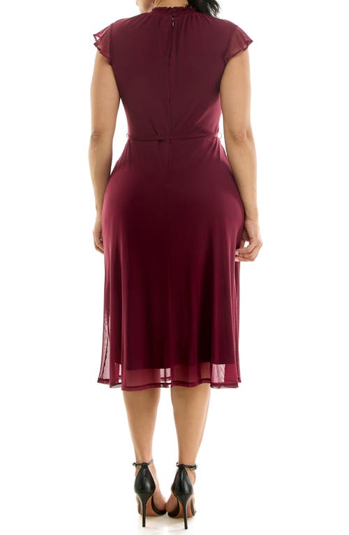 Nina Leonard Smocked Flutter Sleeve Mesh Dress In Burgundy