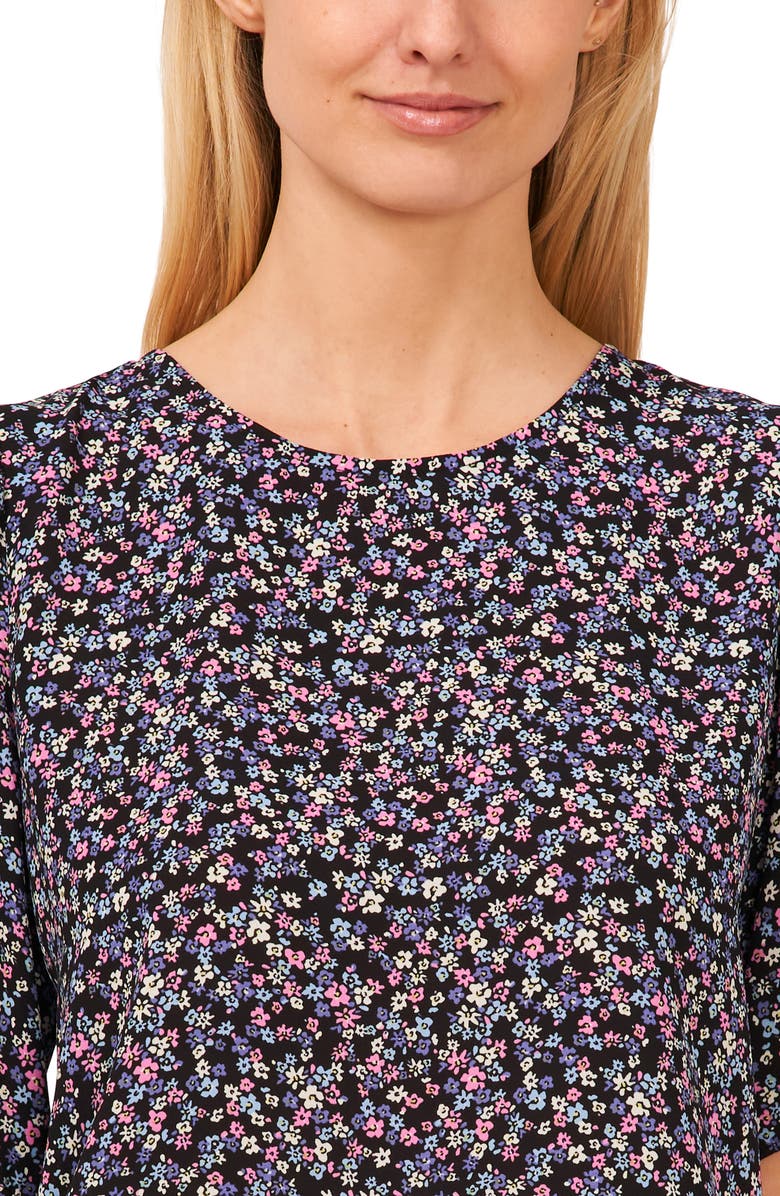 CeCe Floral Print Tie Sleeve Top, Alternate, color, Rich Black