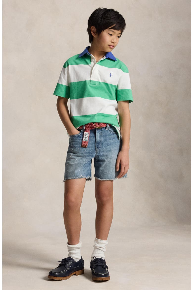 Kids' Rugby Stripe Cotton Jersey Polo, Alternate, color, PLATO GREEN/ WHITE