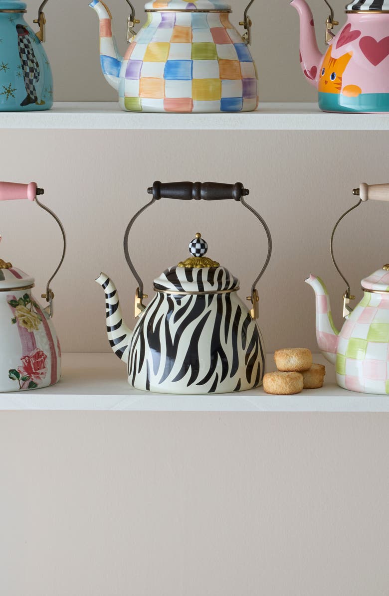 MACKENZIE CHILDS Zebra Enameled Steel 2-Quart Tea Kettle, Alternate, color, White