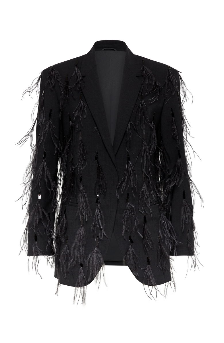 Brunello Cucinelli Tropical luxury wool blazer with dazzling feather embroidery, Main, color, 