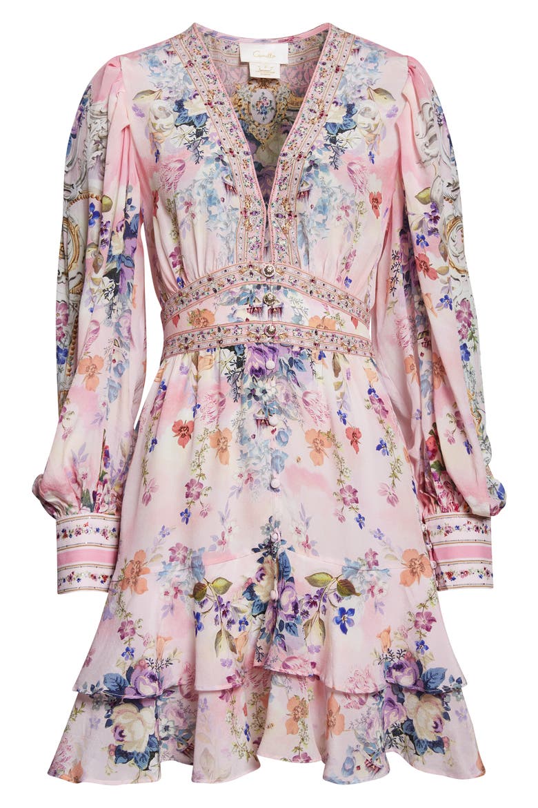 Palatial Pastels Crystal Embellished Long Sleeve Silk Dress, Alternate, color, PALATIAL PASTELS PALAPAST